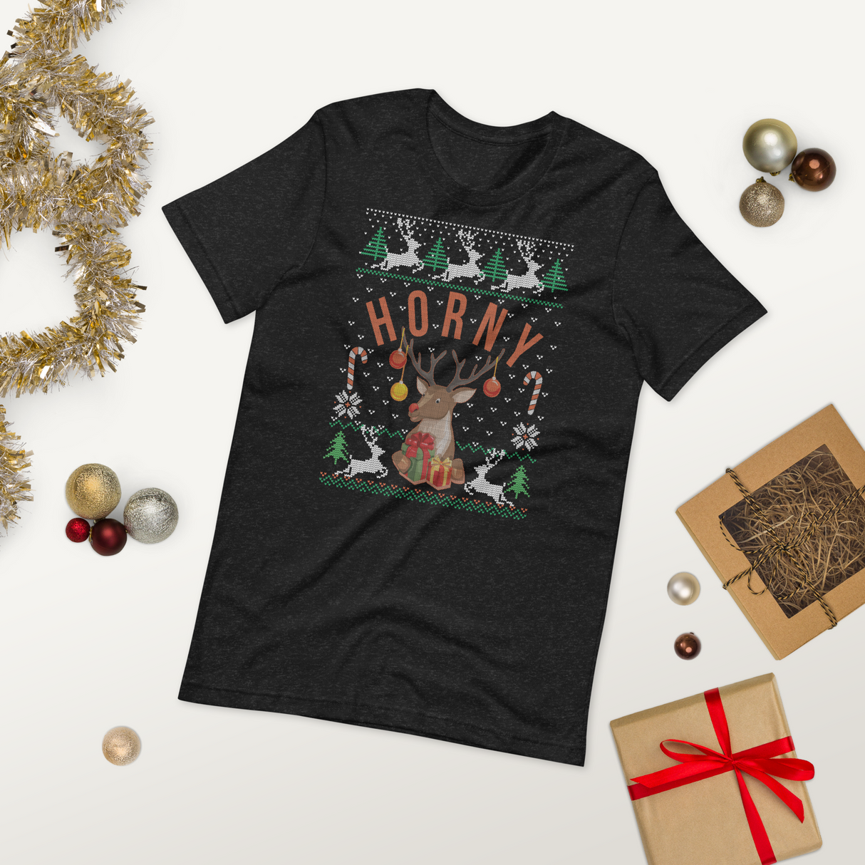 Horny (Ugly Christmas)-T-Shirts-Swish Embassy