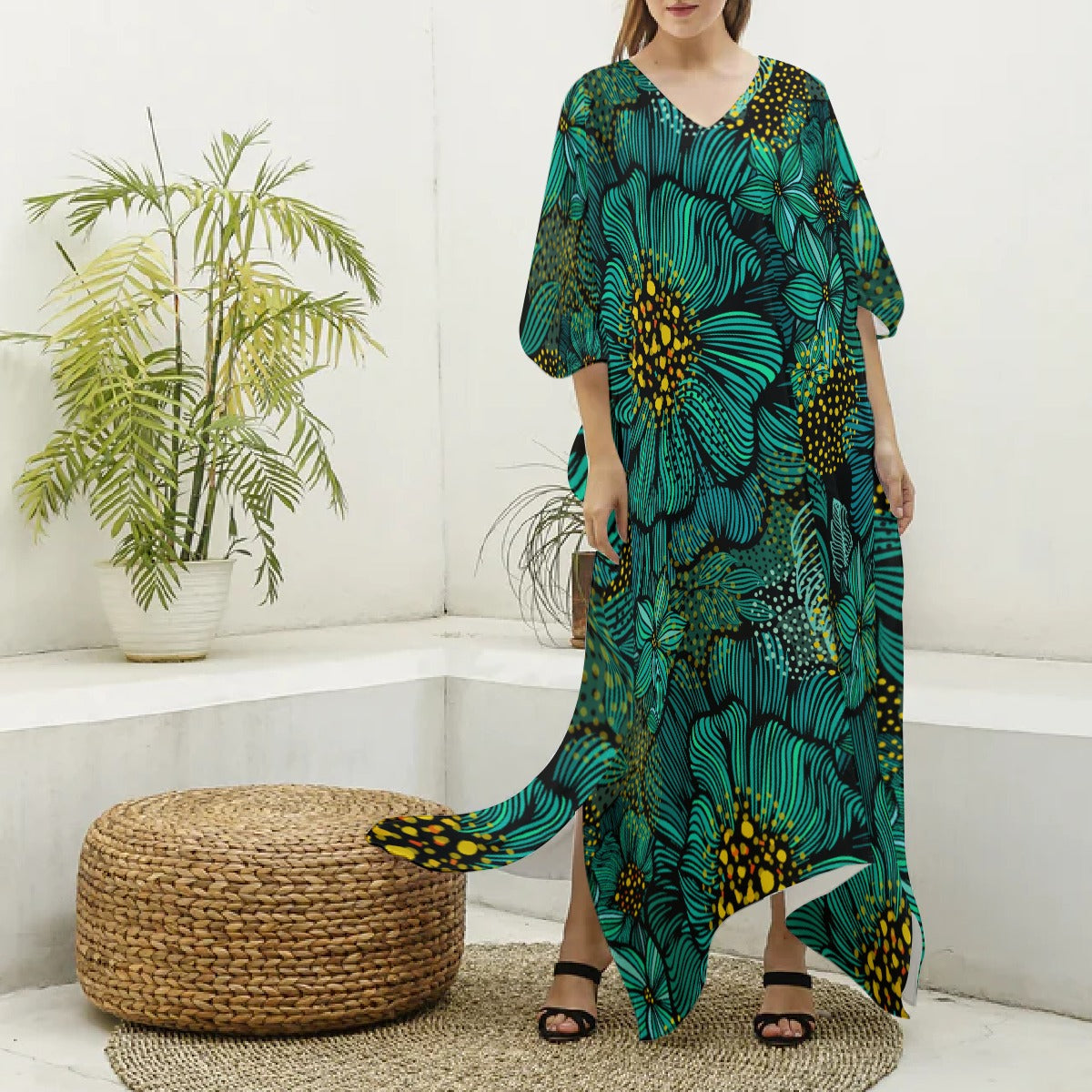 Turquoise Florals (Kaftan)-Kaftan-Swish Embassy